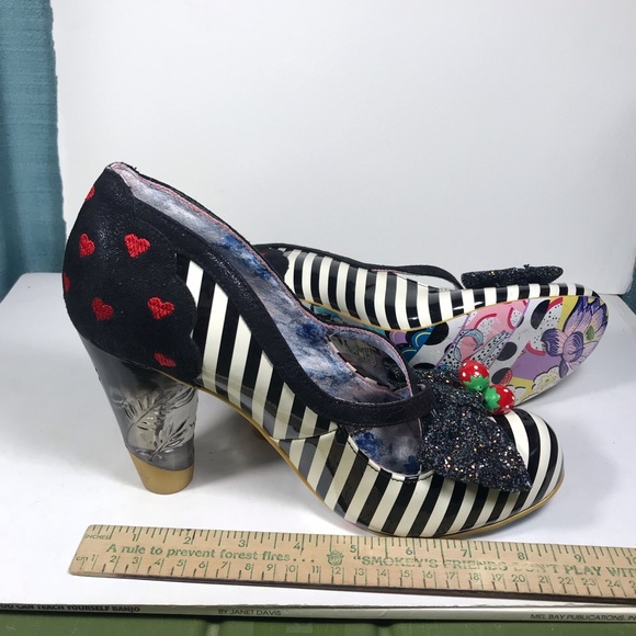Irregular Choice Black and White Striped Heels with Red Heart Strawberry Accent - Picture 7 of 7